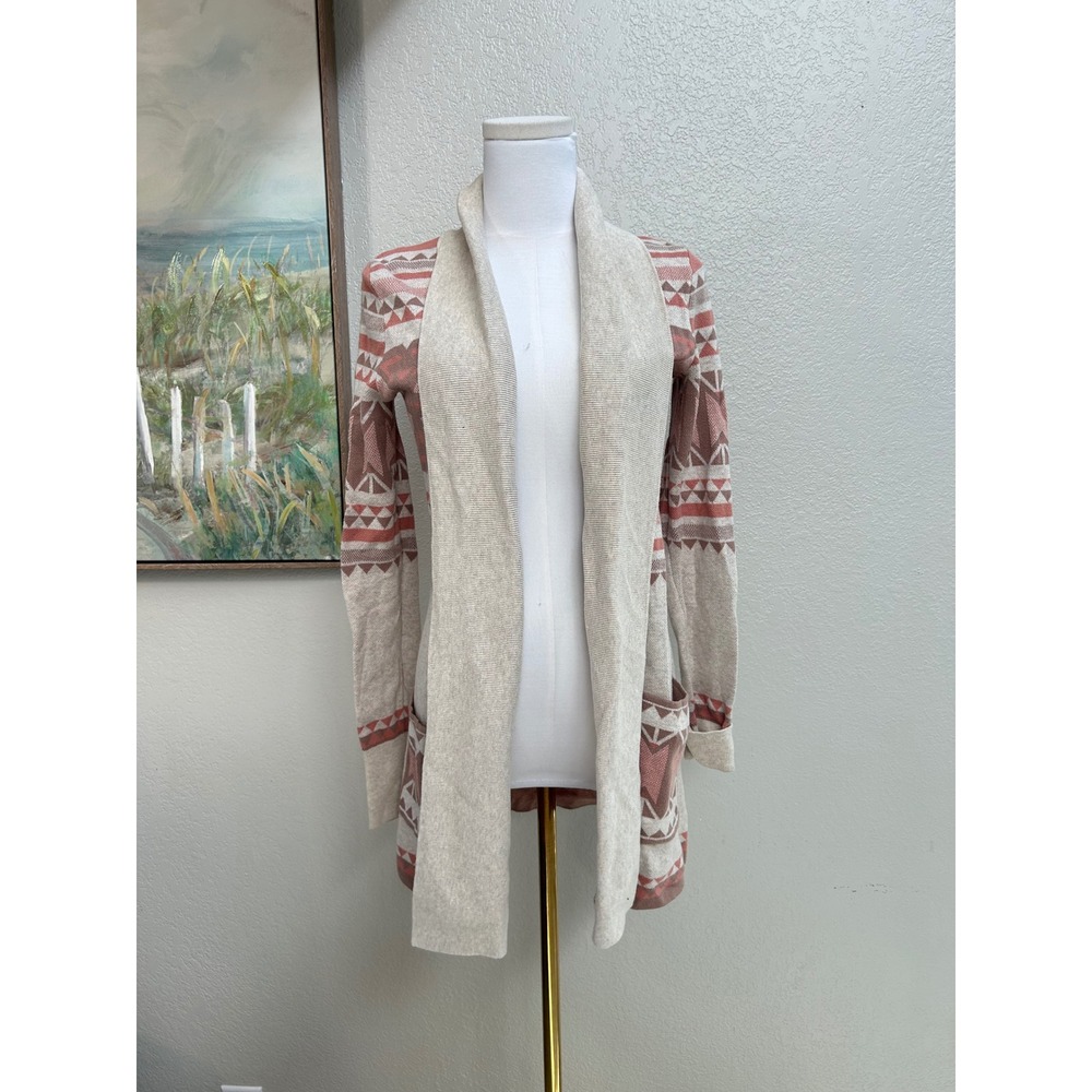 Southwestern Aztec Open Front Knit Cardigan Sweater Pink Cream Size Small